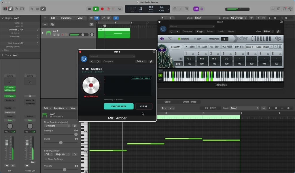 MIDI Amber freezing a Cthulhu performance into an editable region in Logic Pro