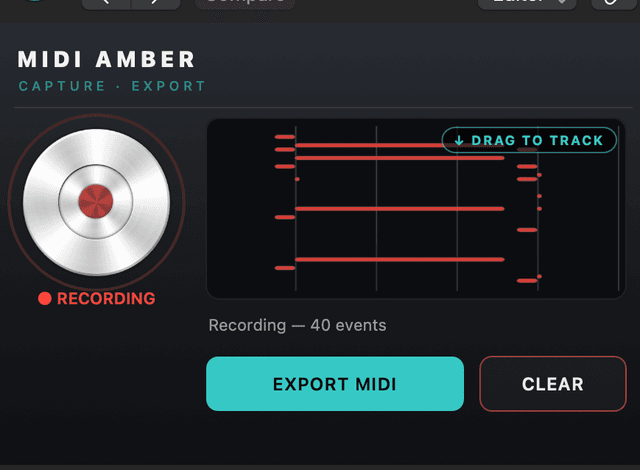 MIDI Amber plugin capturing a performance in Logic Pro