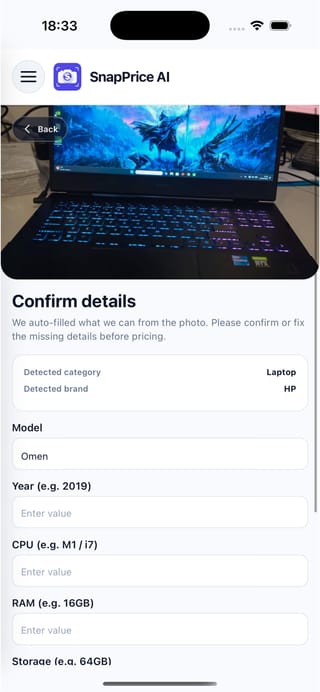 SnapPrice confirm details screen