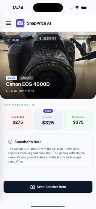 SnapPrice pricing result screen