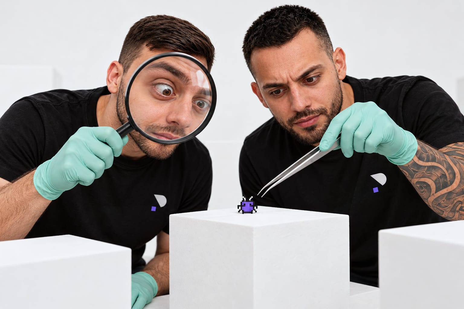 Grib looking through a giant magnifying glass while Giacomo lifts a pixel bug off a white block with tweezers
