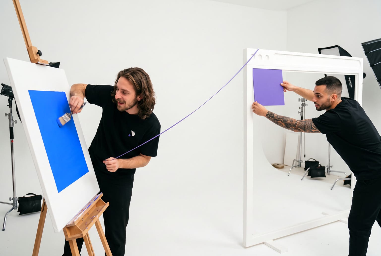 Sebastiano paints a blue square on a canvas while a ribbon runs to Giacomo, who pins a square of colour into a browser-window frame