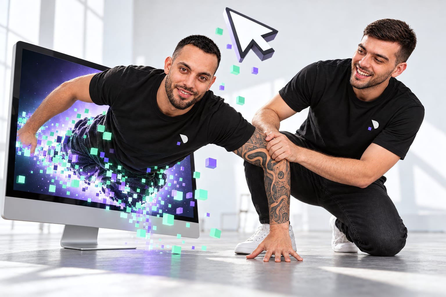 Grib helping Giacomo climb out of a monitor, his legs still made of pixels