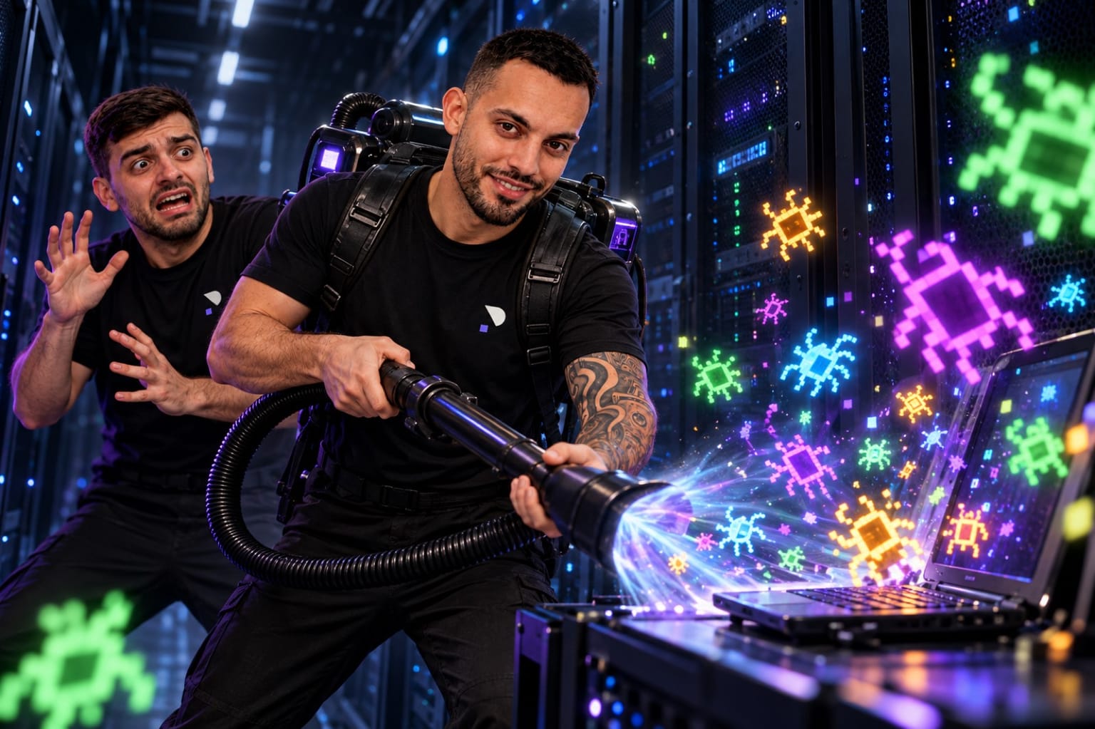 Giacomo che aspira bug di pixel luminosi da una sala server mentre Grib si spaventa dietro di lui